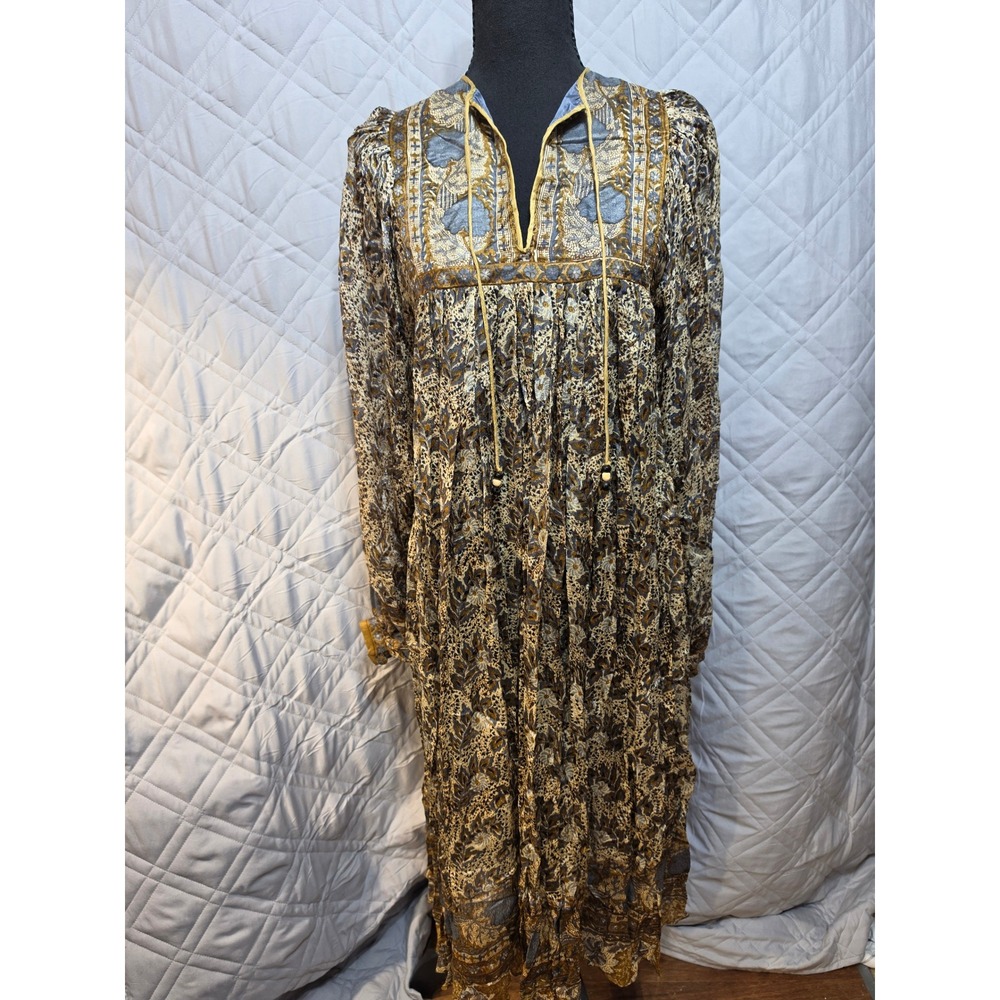 Ritu Kumar Judith Ann Bonwit Teller Silk Hand Block Print Dress XS Brown Blue